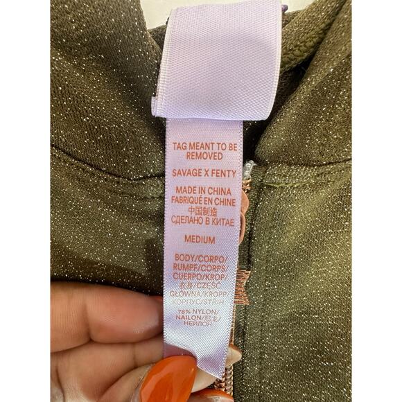 NWT Savage X Fenty Olive Metallic Sparkly Sleep & Shine Hooded One Piece Size M - Picture 3 of 13